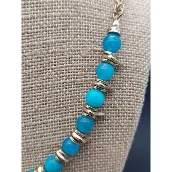 NWT Sequin Gold Tone & Blue Bead Collar Necklace Asymmetrical Paved Pendant 18" - Picture 5 of 10
